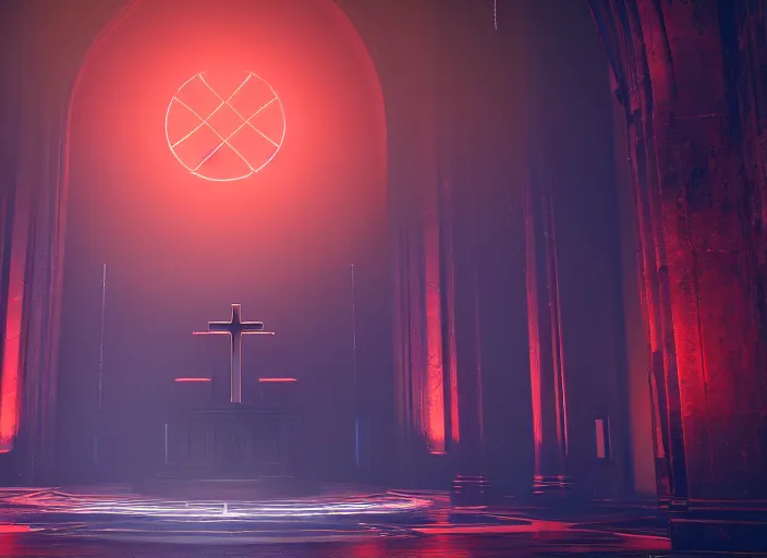 Image similar to symmetry!! centered!! ancient church of worship with red shafts of light in destiny 2, foggy, liminal, dark, dystopian, beautiful architecture, abandoned, highly detailed 4 k 6 0 fps destiny 2 promotional poster image wallpaper expansion