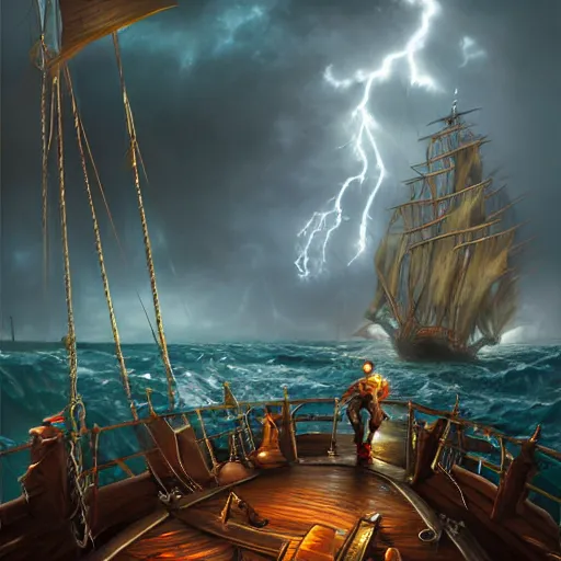 Image similar to a pirate with two peglegs and two hook hands steering a wooden galleon through a rain and lightning storm. view from on deck, sails and masts and rigging, first person deckhand pov, detailed dynamic light painting by peter mohrbacher