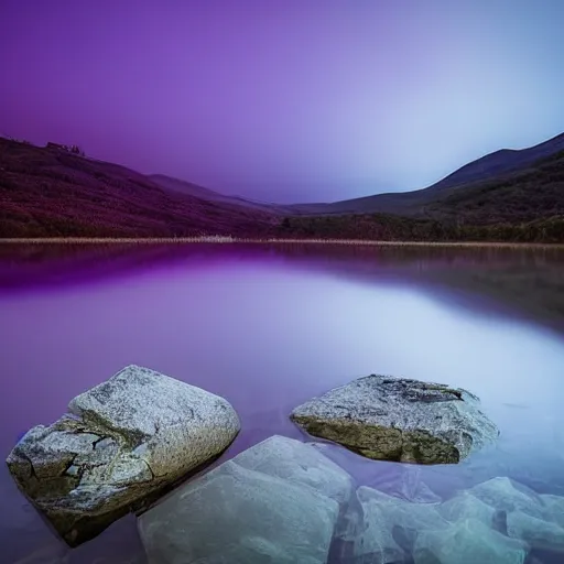 Image similar to Stunning 4K night photograph of a purple mist rolling over a lake.