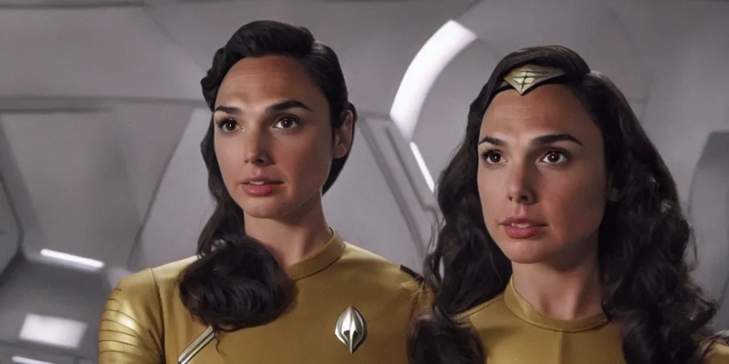 Image similar to Gal Gadot, in Starfleet uniform, in the role of Captain Kirk in a scene from Star Trek the original series, Tribble episode