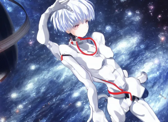 Image similar to This is a digital art piece by Yoshiyuki Sadamoto that is trending on artstation. It is a 8K UHD image of Rei Ayanami, a female anime character, inside a space station with technological rings. She is shot from the ground by Yoshiyuki Sadamoto. The environment is a concept design and the art is hyper realistic with intricate details.