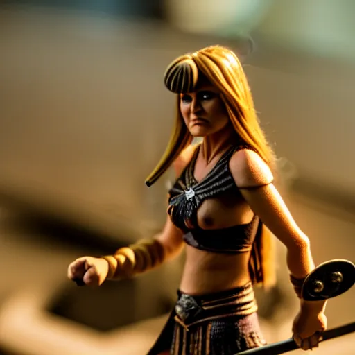 Image similar to a cinematic film still of a claymation stop motion film starring lucy lawless as xena warrior princess, shallow depth of field, 8 0 mm, f 1. 8