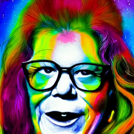 Prompt: portrait of janice joplin in psychedelic colors, painted by pablo amaringo