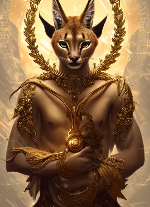 Image similar to cute caracal as apollo ancient god, golden wreath, details, fantasy, cyberpunk city, intricate, decadent, highly detailed, octane render, digital painting, artstation, concept art, sharp focus, illustration, art by artgerm, loish, wlop