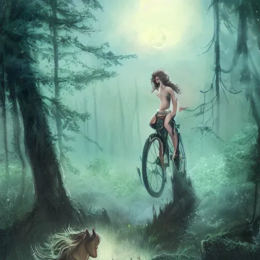 Image similar to beautiful tattooed woman with short curly brown hair riding unicorn through the woods full moon, landscape, scenery, oil painting, Tooth Wu, Greg Rutkowski, RPG, dynamic lighting, fantasy art, High contrast, depth of field