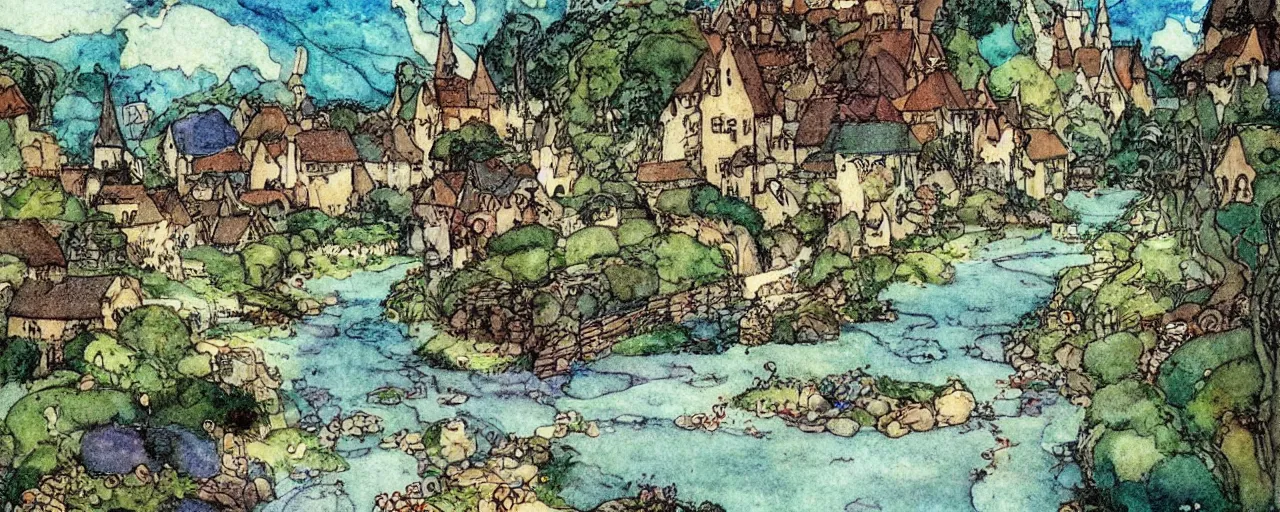 Image similar to a river running through a medieval village, summer, beautiful colors, by warwick goble, kay nielsen, award winning, highly detailed