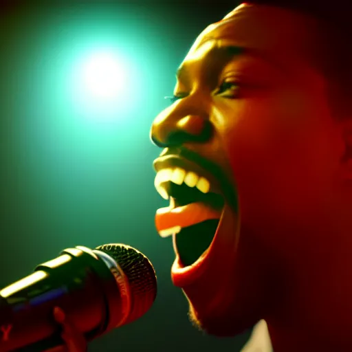 Prompt: a black man singing with all teeth shown ultra realistic, lens flare, atmosphere, glow, detailed, intricate, full of colour, cinematic lighting, trending on artstation, 4 k, hyperrealistic, focused, extreme details, unreal engine 5, cinematic, masterpiece, ultra realistic, hyper realistic, highly detailed, sharp focus, digital art