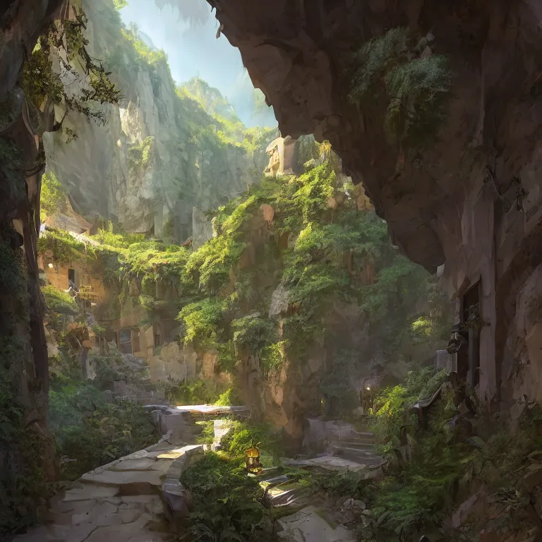 Image similar to secret overwatch hallway for living quarters carved inside a mountain surrounding a lush garden, trimmed, magical, natural light, clean lines, cozy, fantasy, minimalist architecture, sharp focus, concept art, by greg rutkowski and craig mullins,, octane render 8 k