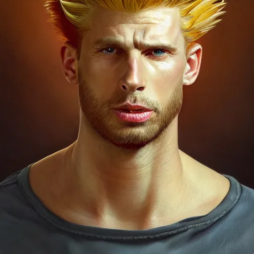 Image similar to portrait of bart simpson as a real human, soft hair, muscular, half body, leather, hairy, d & d, fantasy, intricate, elegant, highly detailed, digital painting, artstation, concept art, smooth, sharp focus, illustration, art by artgerm and greg rutkowski and alphonse mucha