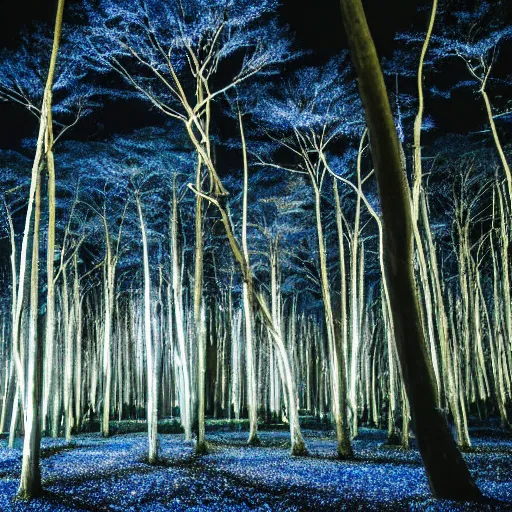 Prompt: Ground level view of An indigo forest in Japan, dark, midnight, seven ghostly white trees