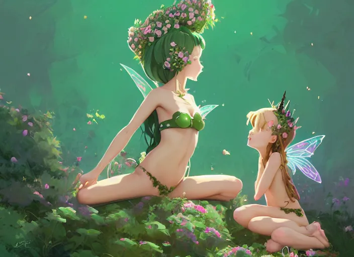 Image similar to two cute fairy girls with crown of flowers in plants bikini covered with celtic rune tattoos kissing, fantasy, by atey ghailan, by greg rutkowski, by greg tocchini, by james gilleard, by joe gb fenton, by in kaethe butcher, dynamic lighting, gradient light green, brown, blonde cream and white color in scheme, grunge aesthetic