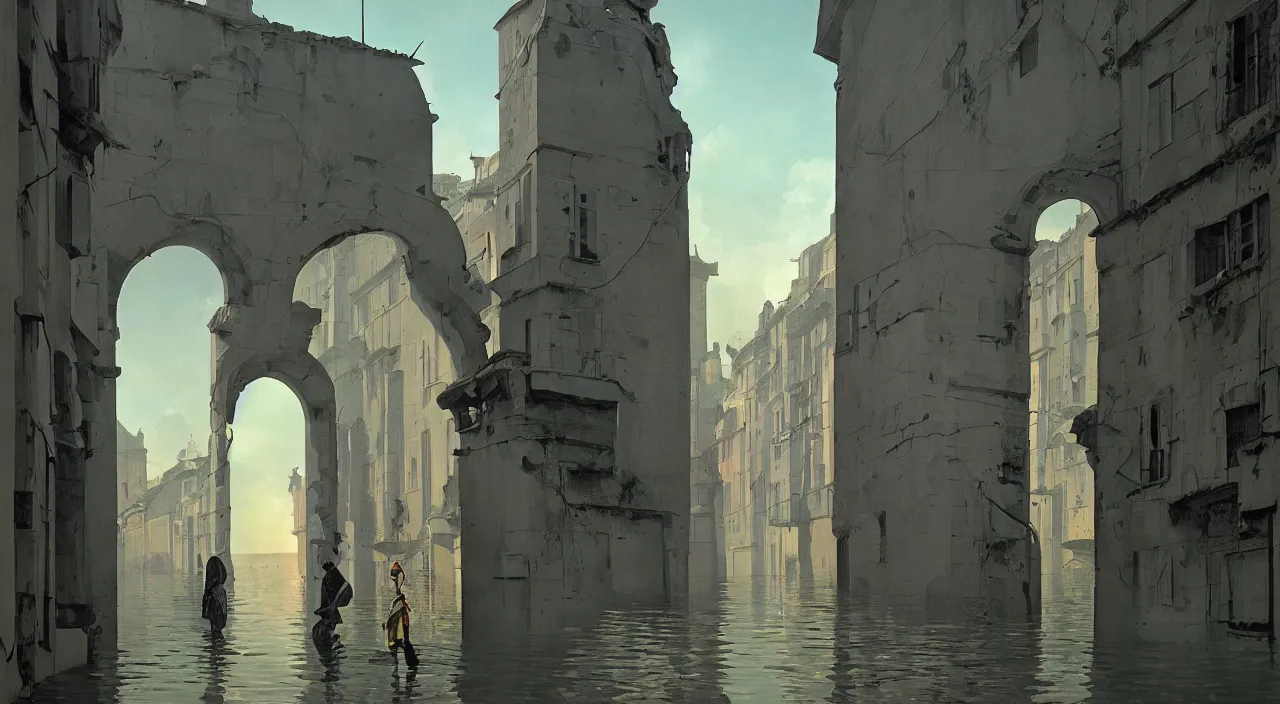 Prompt: a high contrast! painting of a minimalist flooded ancient street empty arch by rene magritte simon stalenhag carl spitzweg jim burns, full-length view, vibrant colors, extremely high contrast!, symmetry, great composition, high detail, cinematic lighting, award winning masterpiece, trending on artstation