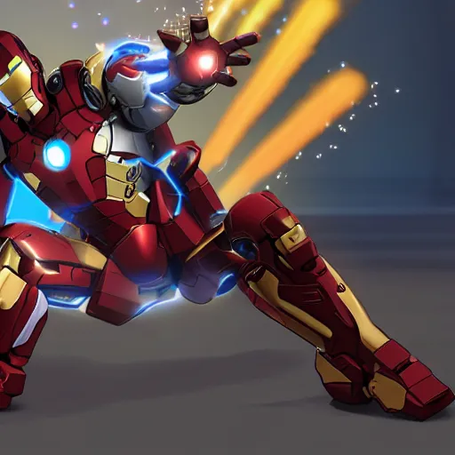 Prompt: ironman fighting pharah from overwatch