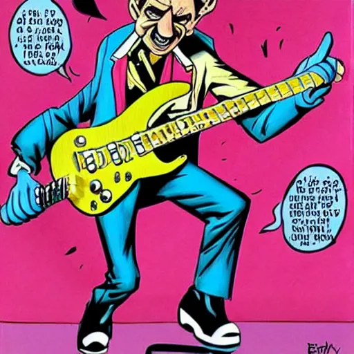 Image similar to Barry Chuckle Shredding on an electric guitar in the style of Jason Edmiston and Gary Panter