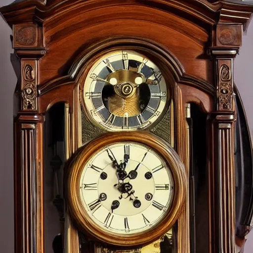 Image similar to photo of a grandfather clock with a human old-man head coming out of the front