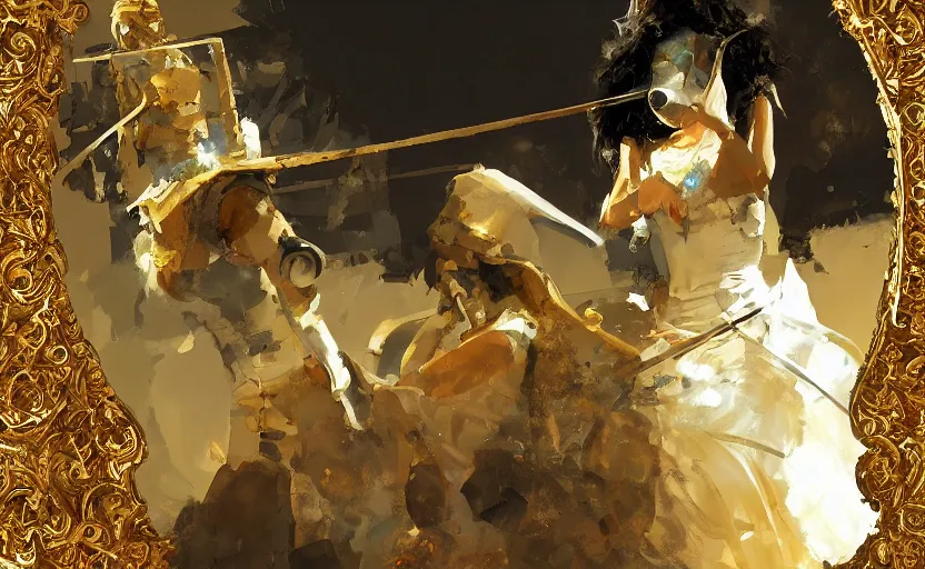 Prompt: craig mullins and ghibli digital art of on the stage of the theater, a masked female violinist performs alone, dressed in exotic costumes, gold jewelry, and black hair realistic shading, cinematic composition, realistic render, octane render, detailed textures, photorealistic, wide shot