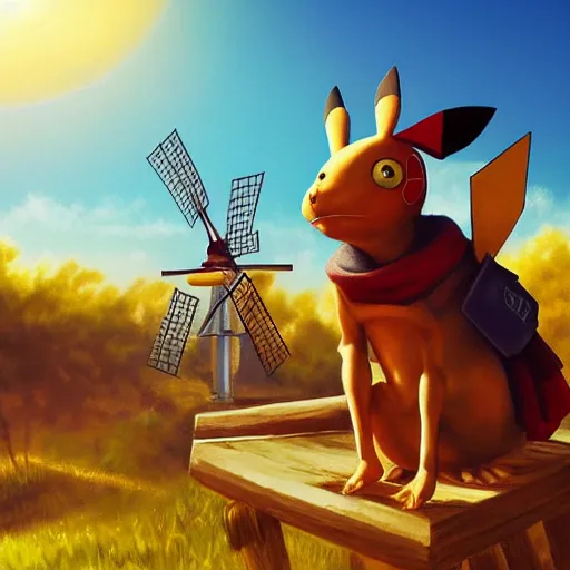 Prompt: portrait of don quixote sitting on a pikachu, windmill, summer, sun in the zenith, digital art, highly detailed, stunning scene, realism, stunning scene, bright colors, trending on artstation, masterpiece