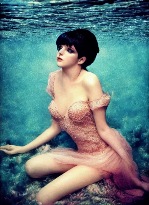 Image similar to liza minelli laying under the sea on the seabed amongst the weeds, underwater shot, submerged, medium shot, on the bed of the river preraphaelite colour photography by rosetti, 8 k