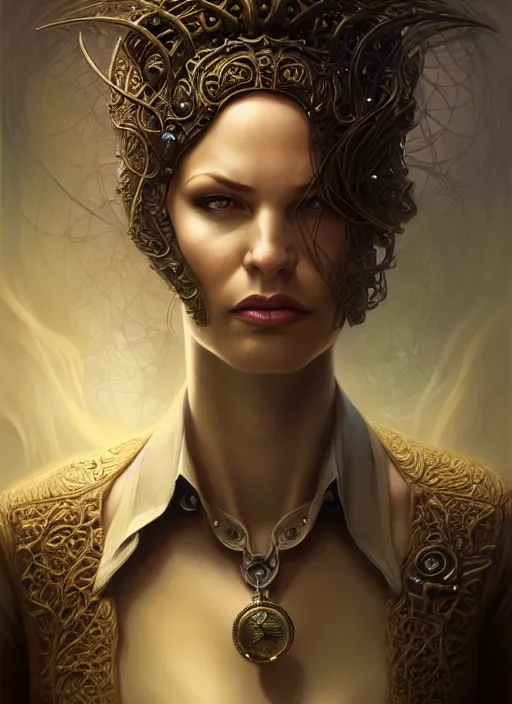 Image similar to portrait shot of a female detective in a scenic lovecraftian environment, intricate, elegant, highly detailed, centered, digital painting, artstation, concept art, smooth, sharp focus, illustration, artgerm, tomasz alen kopera, peter mohrbacher, donato giancola, joseph christian leyendecker, wlop, boris vallejo