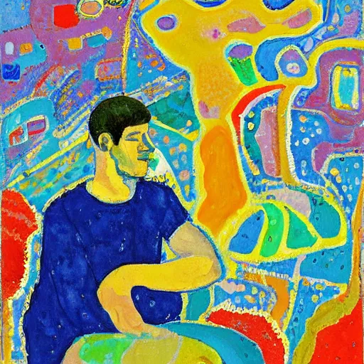 Image similar to by regina valluzzi, by marie laurencin swirling isometric 3 d. a painting of a man with a large head, sitting in a meditative pose. his eyes are closed & he has a serene look on his face. his body is made up of colorful geometric shapes & patterns that twist & turn in different directions.