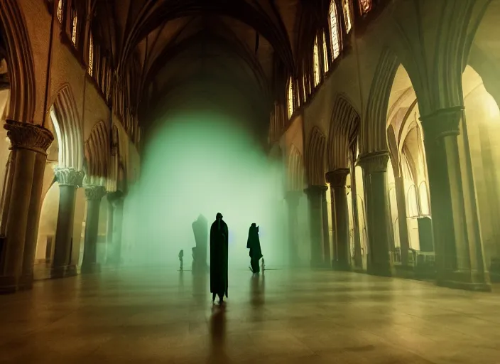 Prompt: cinematic shot inside an cathedral, ambient green light, medium fog, shadowy figures performing a ritual, eerie
