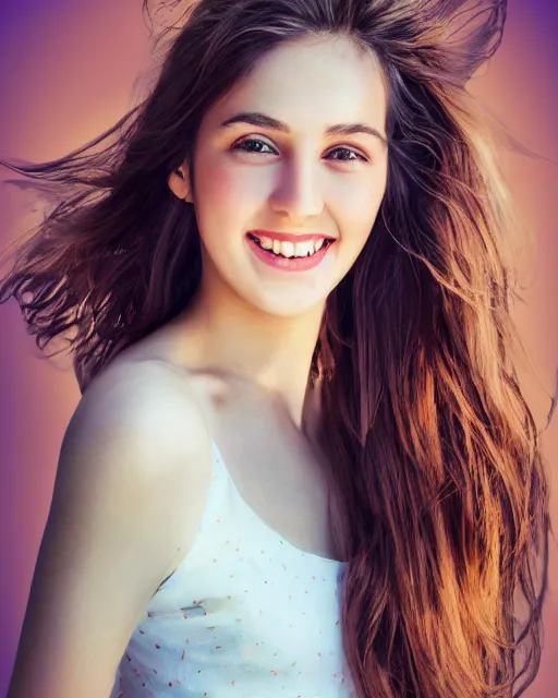 Image similar to beautiful italien woman, long brown hair, playful smile, mix between illustration and photo, backlit, pastel color gradients, soft lighting, sharp details