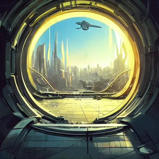 Image similar to circular derelict portal in a middle of a futuristic cityscape, world seen only through a portal, daylight, cinematic perspective, cinematic lighting, blue sky, syd mead, john harris