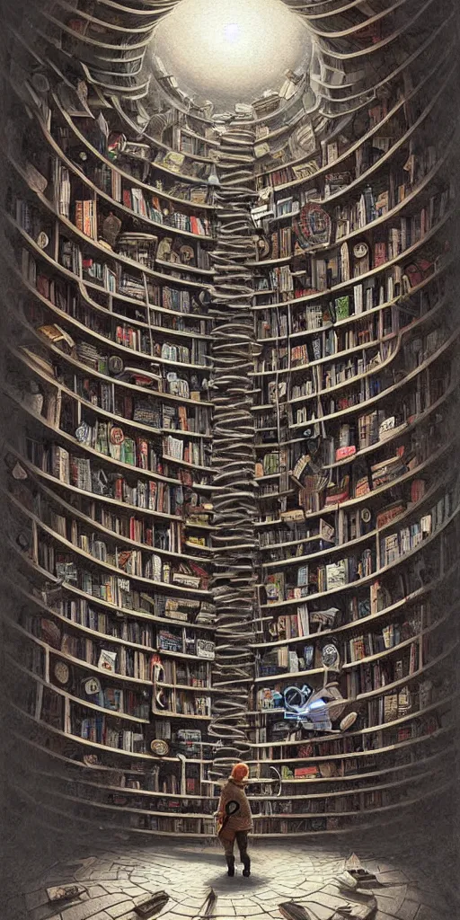 Image similar to a man standing in front of a surreal spiral book shelf filled with books, a storybook illustration by james paick, cgsociety, fantasy art, lovecraftian, academic art, mystical