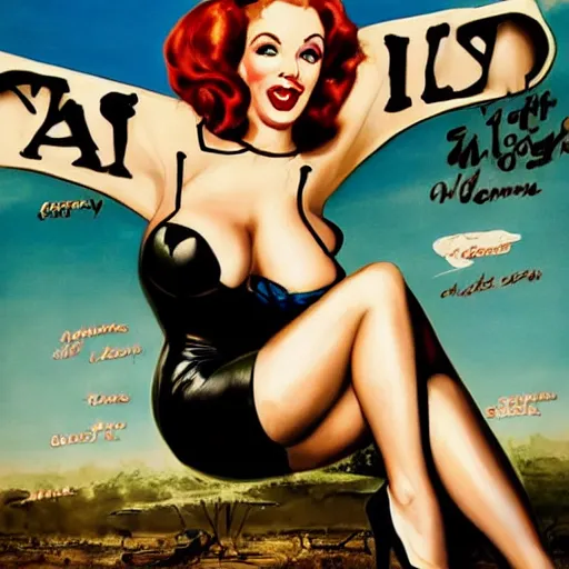 Prompt: Fully-clothed full-body portrait of Christina Hendricks as catwoman as a pinup painting on world war II bomber