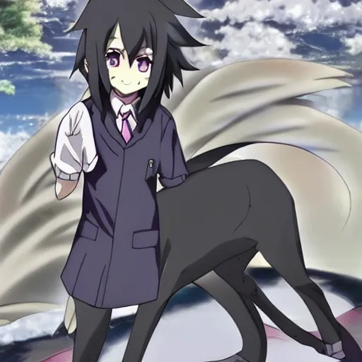 Prompt: anime still an anthro grey wolffurry fursona in a school uniform, handsome anime eyes, key anime visuals with indoor anime background