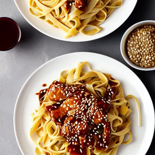 Image similar to fettuccini pasta but Teriyaki sauce and sesame chicken, 4K photo, HD