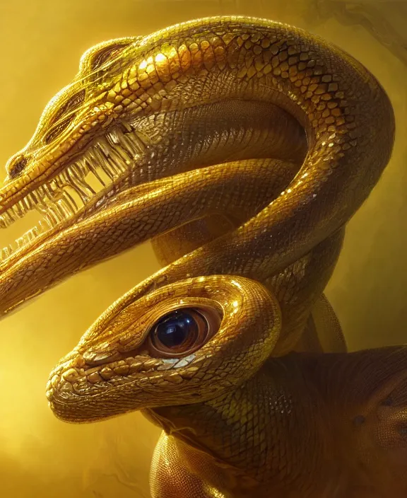 Image similar to intricate golden portrait of a disturbing beautiful alien snake creature, mottling coloring, adorable, childlike, medical equipment hospital environment, ultra realistic, concept art, art nouveau, photorealistic, octane render, 8 k, unreal engine. art by christopher marley and artgerm and greg rutkowski and alphonse mucha