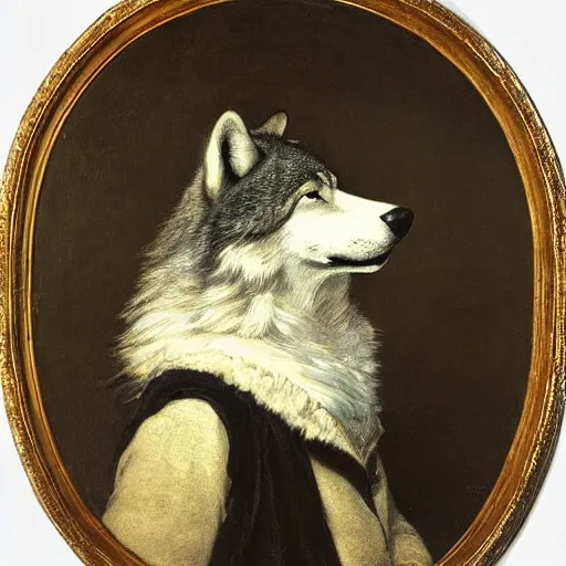 Prompt: a portrait of an anthropomorphic wolf wearing a black doublet, furry fursona, victorian era masterwork, by samuel luke fildes, painting