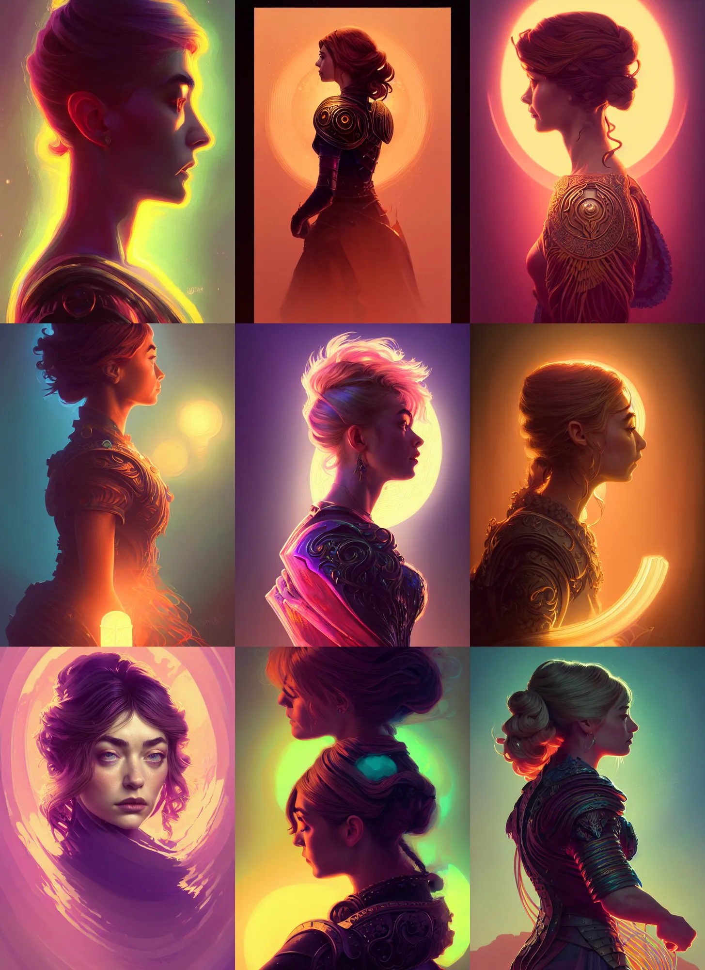 Prompt: side portrait, imogen poots paladin, gloomhaven, soft, smooth, luminescent oil painting, art nouveau tarot, backlit glow, ripples, swirly vibrant color lines, neo - gothic, gaudy colors, aesthetic octane render, 8 k, by ilya kuvshinov!, cushart krenz