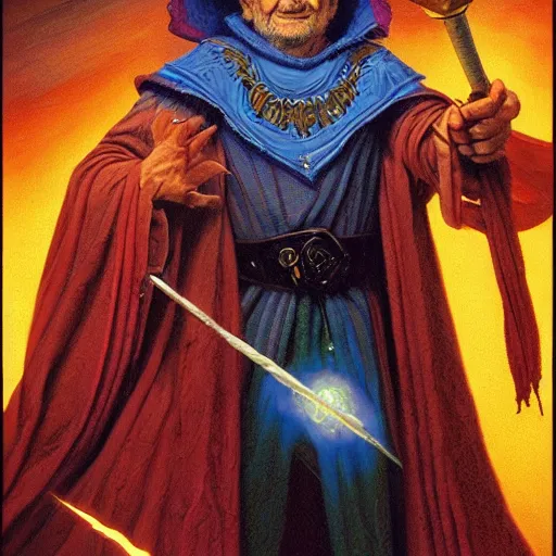 Prompt: portrait of bill murray as an angry sorcerer by tim hildebrandt and alex horley, robes, magic sparkles, detailed, glowing runes, artstation, character design, painting, dungeons and dragons