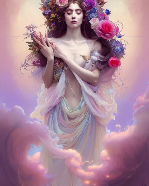 Image similar to Full View ultrarealistic Portrait ethereal fantasy deity wearing beautiful gown, rising in the air levitating, flowers, calm, 4k digital masterpiece by Anna Dittman and Alberto Seveso Ruan Jia, rossdraws, artgerm and greg rutkowski and alphonse mucha and loish and WLOP, fantasycore, Hyperdetailed, fractals, scribble art, realistic digital painting, atmospheric, fireflies, soft lighting, featured on Artstation