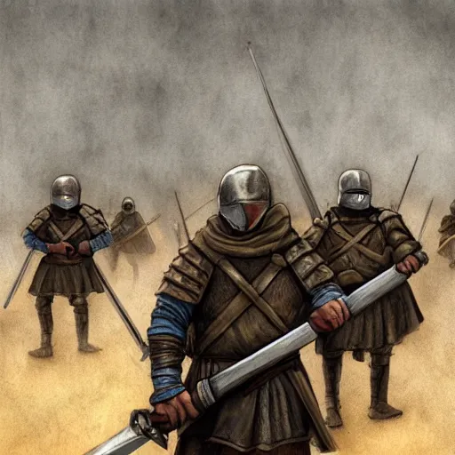 Prompt: realistic, few medieval soldiers, in line, ready fo battle, blue flagg, mist, up facing, epic, digital art, illustration, fantasy, realistic sketch, dark