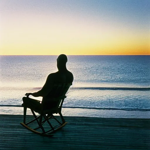 Prompt: tall bald swedish man sitting in swimming shorts on a rocking chair overlooking the ocean during a beautiful the sun sets. calm, relaxing and serene. highly detailed. hassleblad f 1 1 3 5 mm