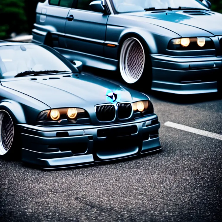 Image similar to close-up-photo BMW E36 turbo illegal meet, work-wheels, Gunma prefecture, middle of the night, cinematic color, photorealistic, high detailed deep dish wheels, highly detailed, custom headlights, neon underlighting