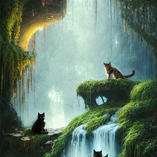 Image similar to two kittens watching the waterfall in the enchanted forest, fantasy, intricate, extremely detailed, matte, artstation, art by greg rutkowski, louis wain, alan lee