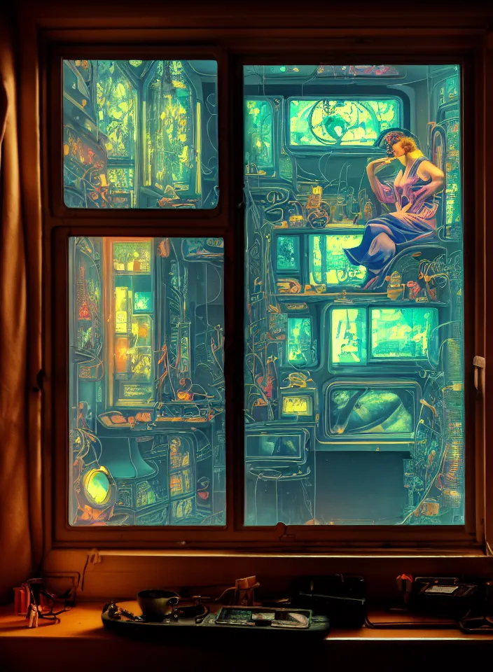 Image similar to telephoto 7 0 mm f / 2. 8 iso 2 0 0 photograph depicting the feeling of chrysalism in a cosy cluttered french sci - fi ( ( art nouveau ) ) cyberpunk apartment in a dreamstate art cinema style. ( ( computer screens, window rain, sink ( ( ( fish tank ) ) ) ) ), ambient light.