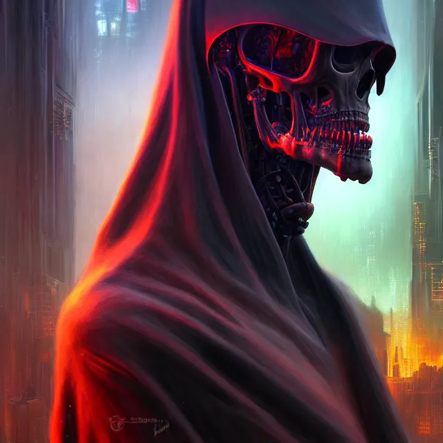 Image similar to Beautiful closeup portrait 3d render of the grim reaper with 8 arms, face portrait, atmospheric lighting, painted, intricate, volumetric lighting, beautiful, rich deep colors masterpiece, sharp focus, ultra detailed, in the style of Dan Mumford and marc simonetti, with a crowded futuristic cyberpunk city in the background, astrophotography