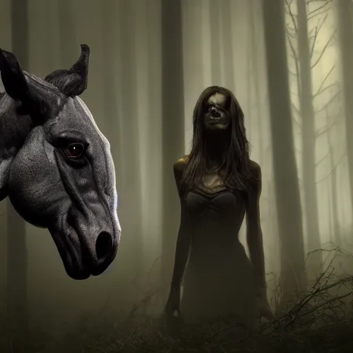 Prompt: werecreature consisting of a horse and a human, featured on artstation, photograph captured in a dark forest