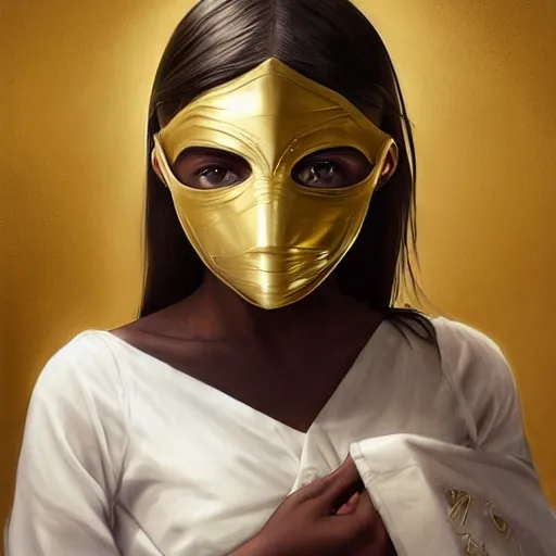 Prompt: 1 5 year old white girl with a white shirt that has one shoulder visible, wears black sports shorts and a golden mask on her face, intricate, highly detailed, digital painting, artstation, concept art, smooth, sharp focus, illustration, unreal engine 5, 8 k, art by artgerm and greg rutkowski and alphonse mucha