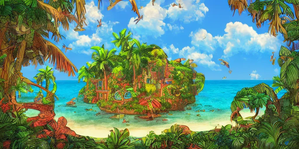 Image similar to tropical island, 8 k, high resolution, detailed drawing, beautiful hd, art nouveau, concept art, colourful, in the style of vadym meller