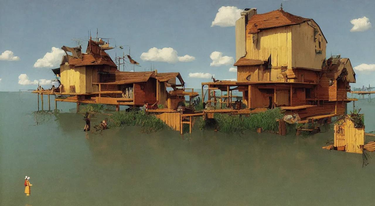 Prompt: single! flooded simple wooden outpost, very coherent and colorful high contrast!! masterpiece by rene magritte simon stalenhag carl spitzweg syd mead norman rockwell edward hopper james gilleard, minimalist, dark shadows, sunny day, hard lighting