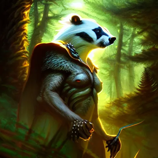 Image similar to Badger nature mage, portrait, forest, magic, magic the gathering artwork, D&D, fantasy, cinematic lighting, centered, symmetrical, highly detailed, digital painting, artstation, concept art, smooth, sharp focus, illustration, volumetric lighting, epic Composition, 8k, art by Akihiko Yoshida and Greg Rutkowski and Craig Mullins, oil painting, cgsociety