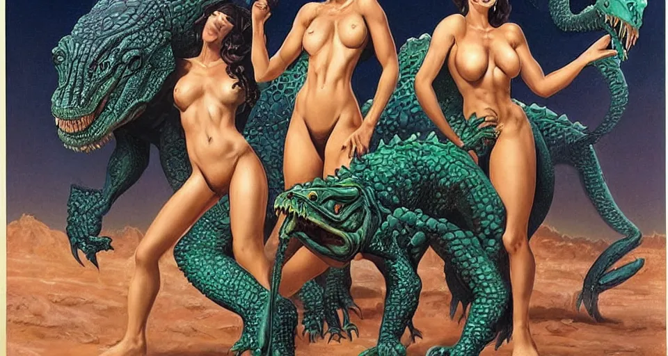 Prompt: A beautiful woman, conan style, standing next to a large alien lion-like crocodile creature, by Boris Vallejo.