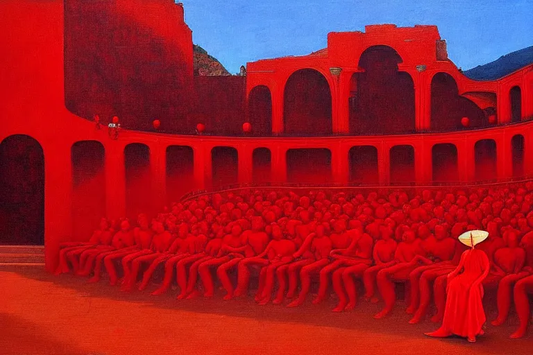 Image similar to only with red, a red great emperor, taormina amphitheatre, expressive crowd with big smile, in the style of beksinski, parts by edward hopper, parts by rodcenko, parts by yue minjun, intricate and epic composition, red by caravaggio, insanely quality, highly detailed, masterpiece, red light, artstation, 4 k