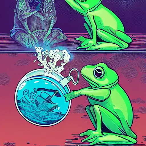 Image similar to frog drinking with crazy bunny with steam coming out from ears, by josan gonzales and Dan Mumford